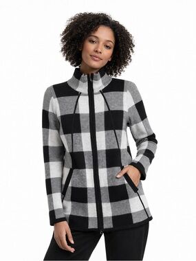 Adrienne Vittadini Womens XS Buffalo Plaid Zip Front Sweater Jacket Black White